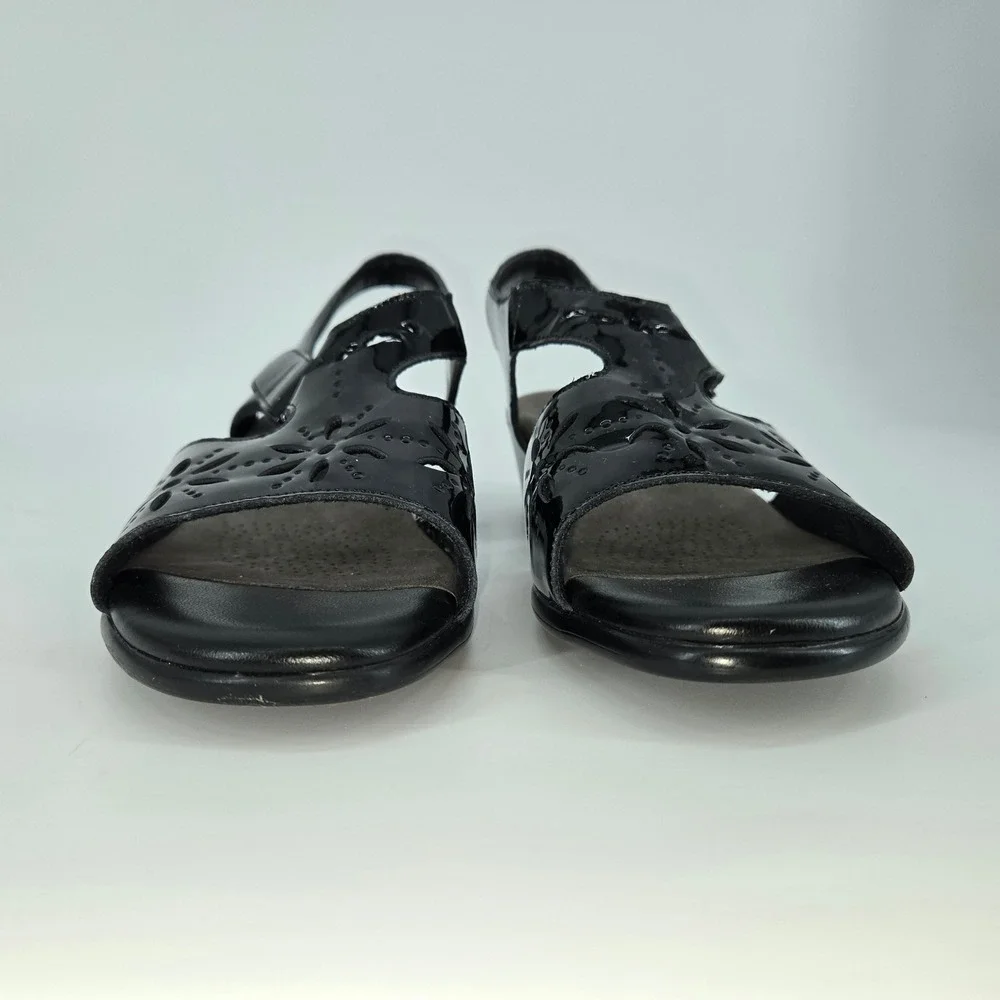 SAS Sunburst Tripad‎ Comfort Black Patent Leather Cutout Sandal Low Heel 10 W